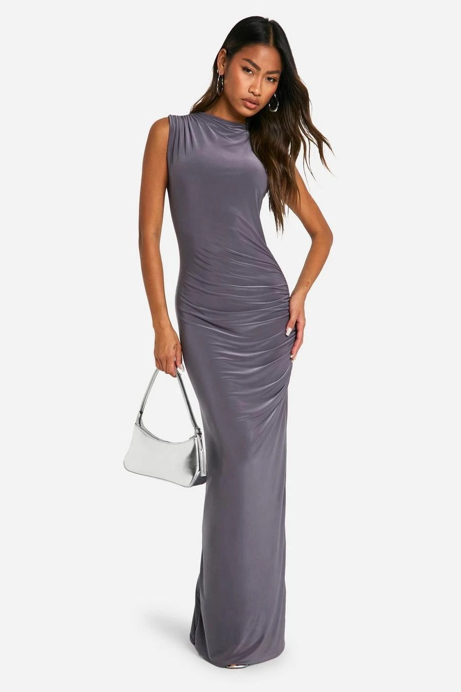 BOOHOO Slinky Slash Neck Ruched Maxi Dress 1 BOOHOO Slinky Slash Neck Ruched Maxi Dress