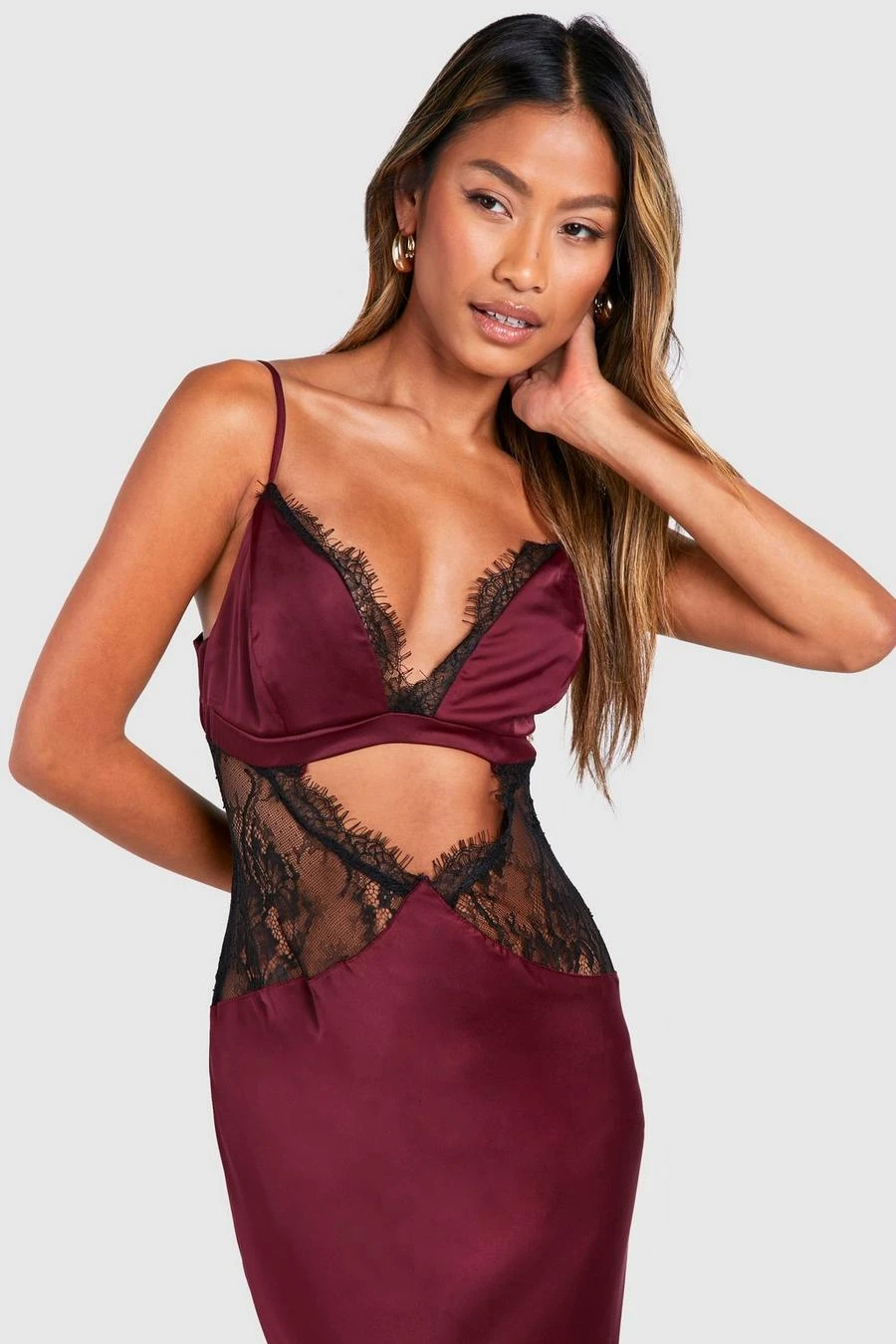 BOOHOO Satin Lace Detail Maxi Slip Dress 3 BOOHOO Satin Lace Detail Maxi Slip Dress - Image 3