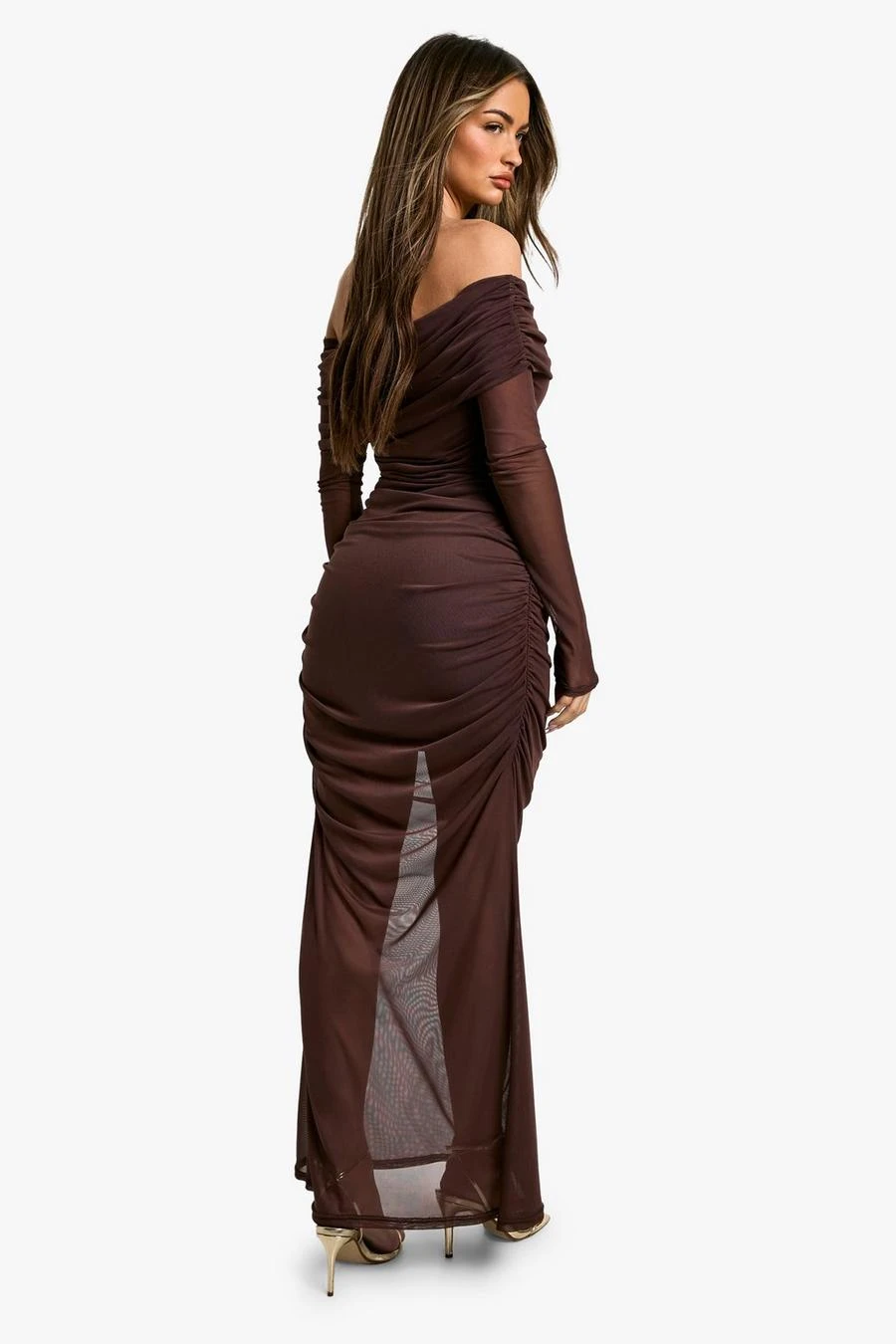 BOOHOO Bardot Slinky Mesh Mix Maxi Dress 2 BOOHOO Bardot Slinky Mesh Mix Maxi Dress - Image 2