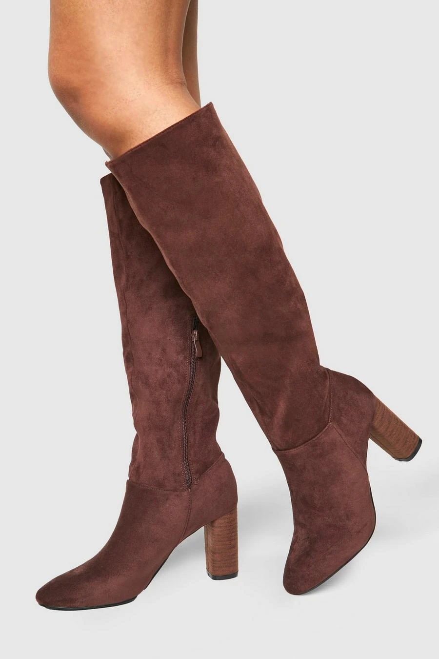 BOOHOO Block Wooden Heel Faux Suede Knee High Boots 1 BOOHOO Block Wooden Heel Faux Suede Knee High Boots