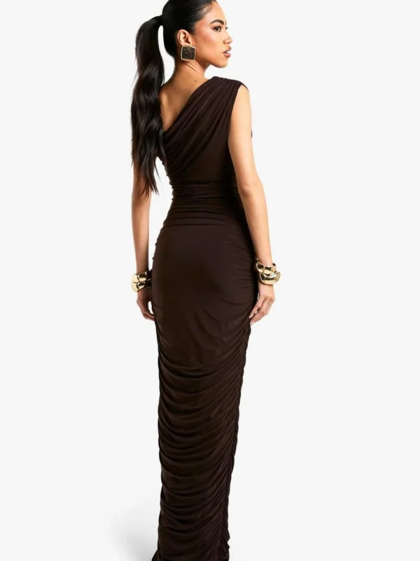Outlet 11 Outlet -BamBam Fashion Shop female chocolate one shoulder asymmetric ruched maxi dress 1