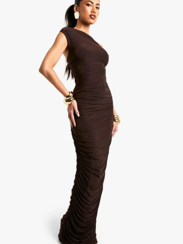Outlet 12 Outlet -BamBam Fashion Shop female chocolate one shoulder asymmetric ruched maxi dress 2