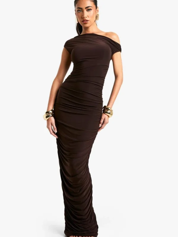 Outlet 10 Outlet -BamBam Fashion Shop female chocolate one shoulder asymmetric ruched maxi dress
