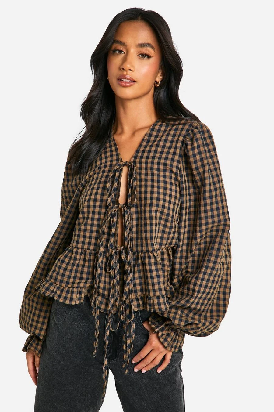 BOOHOO Petite Gingham Ruffle Detail Tie Front Top 1 BOOHOO Petite Gingham Ruffle Detail Tie Front Top