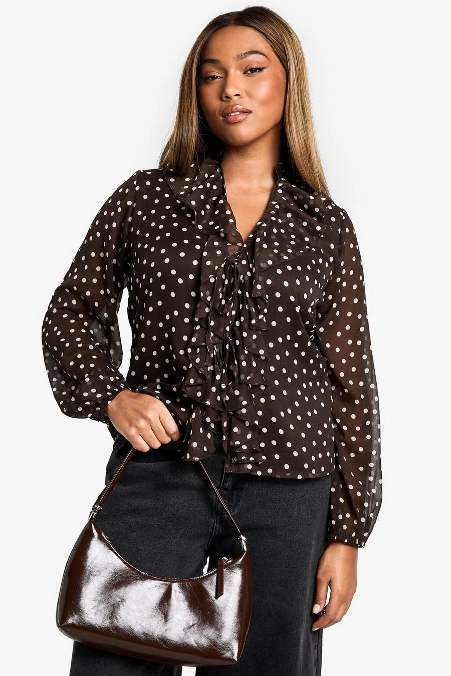BOOHOO Plus Polka Dot Ruffle Tie Front Volume Sleeve Blouse 3 BOOHOO Plus Polka Dot Ruffle Tie Front Volume Sleeve Blouse - Image 3