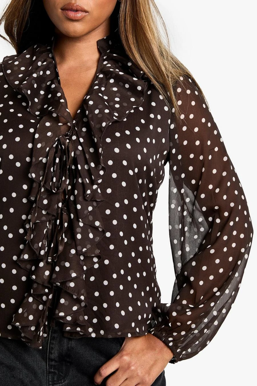 BOOHOO Plus Polka Dot Ruffle Tie Front Volume Sleeve Blouse 4 BOOHOO Plus Polka Dot Ruffle Tie Front Volume Sleeve Blouse - Image 4