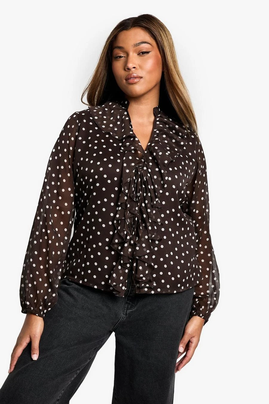 BOOHOO Plus Polka Dot Ruffle Tie Front Volume Sleeve Blouse 1 BOOHOO Plus Polka Dot Ruffle Tie Front Volume Sleeve Blouse