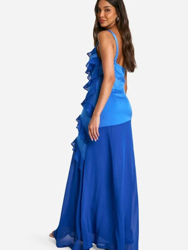 Outlet -BamBam Fashion Shop female cobalt satin chiffon ruffle asymmetric maxi dress 1