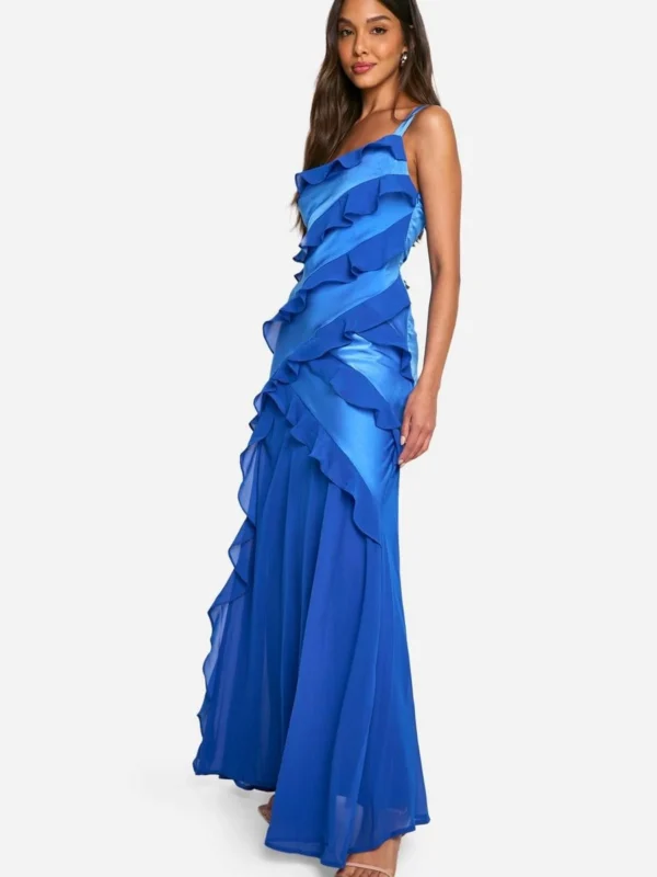 Outlet -BamBam Fashion Shop female cobalt satin chiffon ruffle asymmetric maxi dress