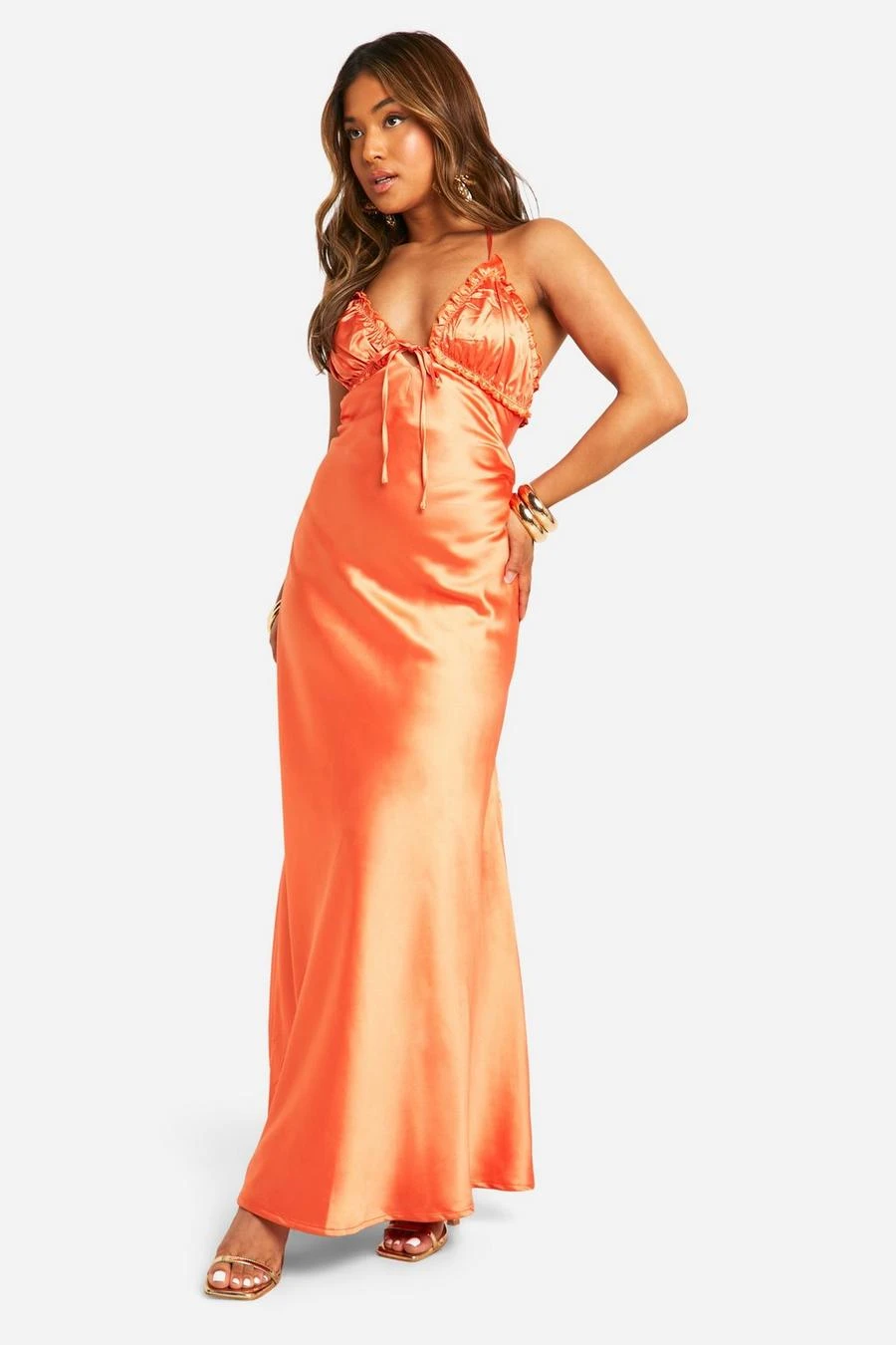 BOOHOO Petite Ruffle Satin Maxi Slip Dress 1 BOOHOO Petite Ruffle Satin Maxi Slip Dress