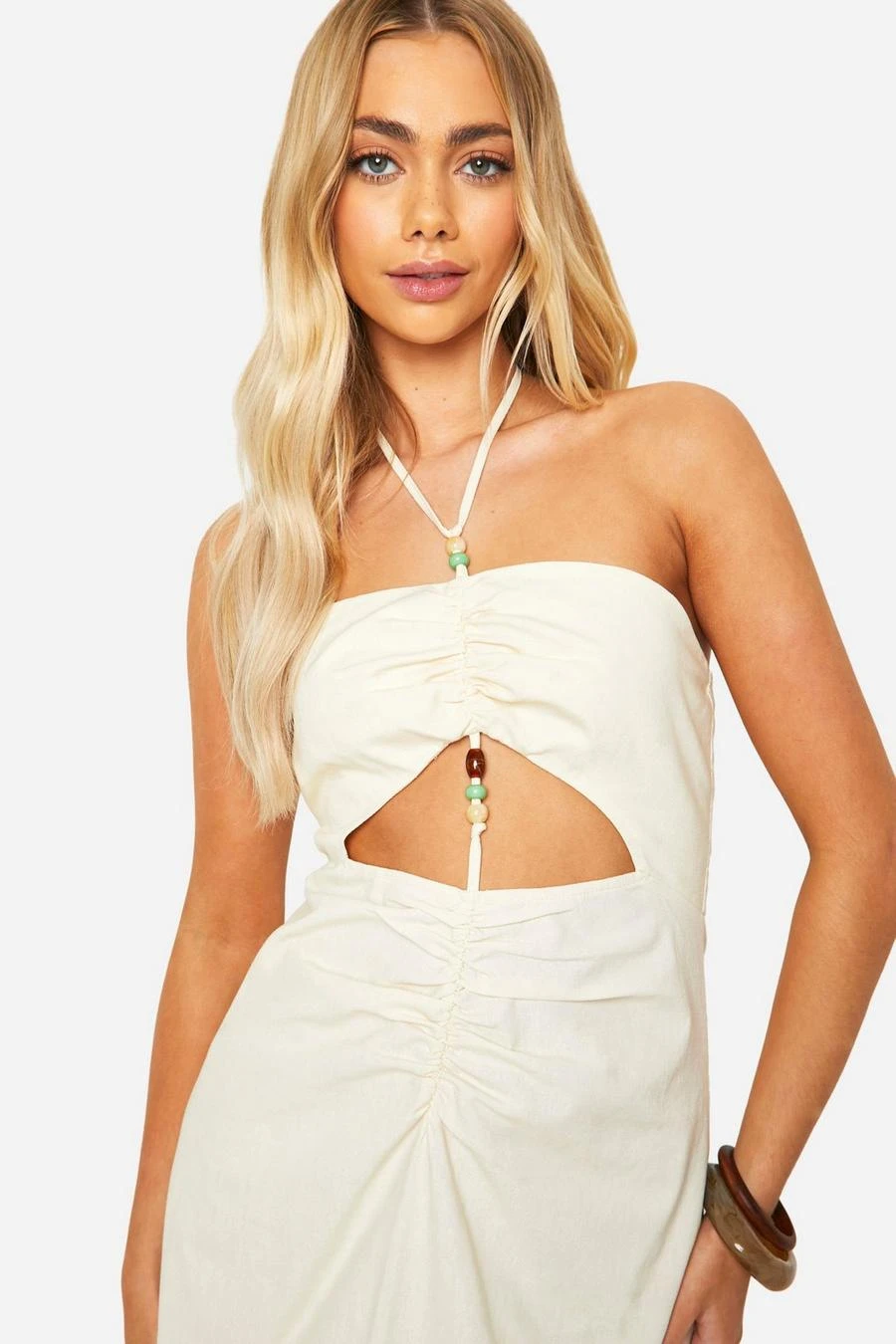 BOOHOO Bead Detail Ruched Linen Look Maxi Dress 4 BOOHOO Bead Detail Ruched Linen Look Maxi Dress - Image 4