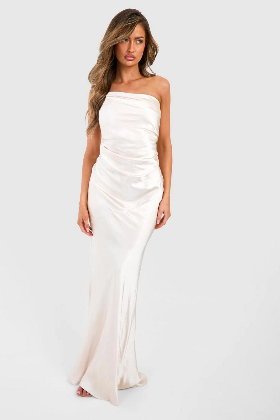 BOOHOO Bridesmaid Satin Strappy Asymmetric Maxi Dress 1 BOOHOO Bridesmaid Satin Strappy Asymmetric Maxi Dress
