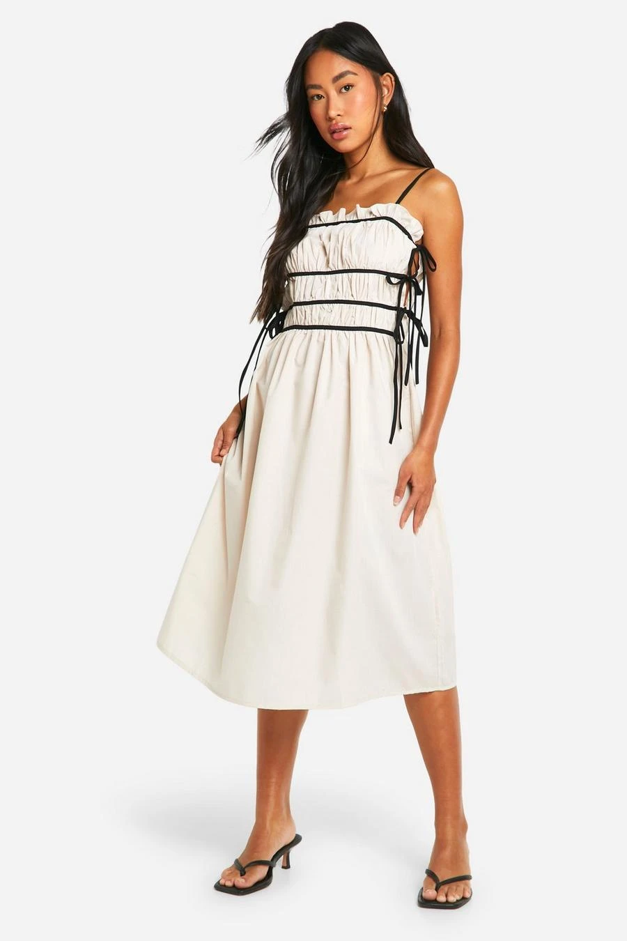BOOHOO Contrast Shirred Waist Midi Dress 1 BOOHOO Contrast Shirred Waist Midi Dress