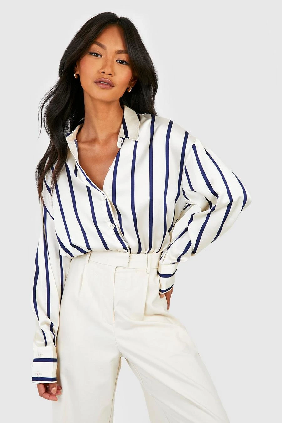 BOOHOO Fine Stripe Satin Shirt 1 BOOHOO Fine Stripe Satin Shirt