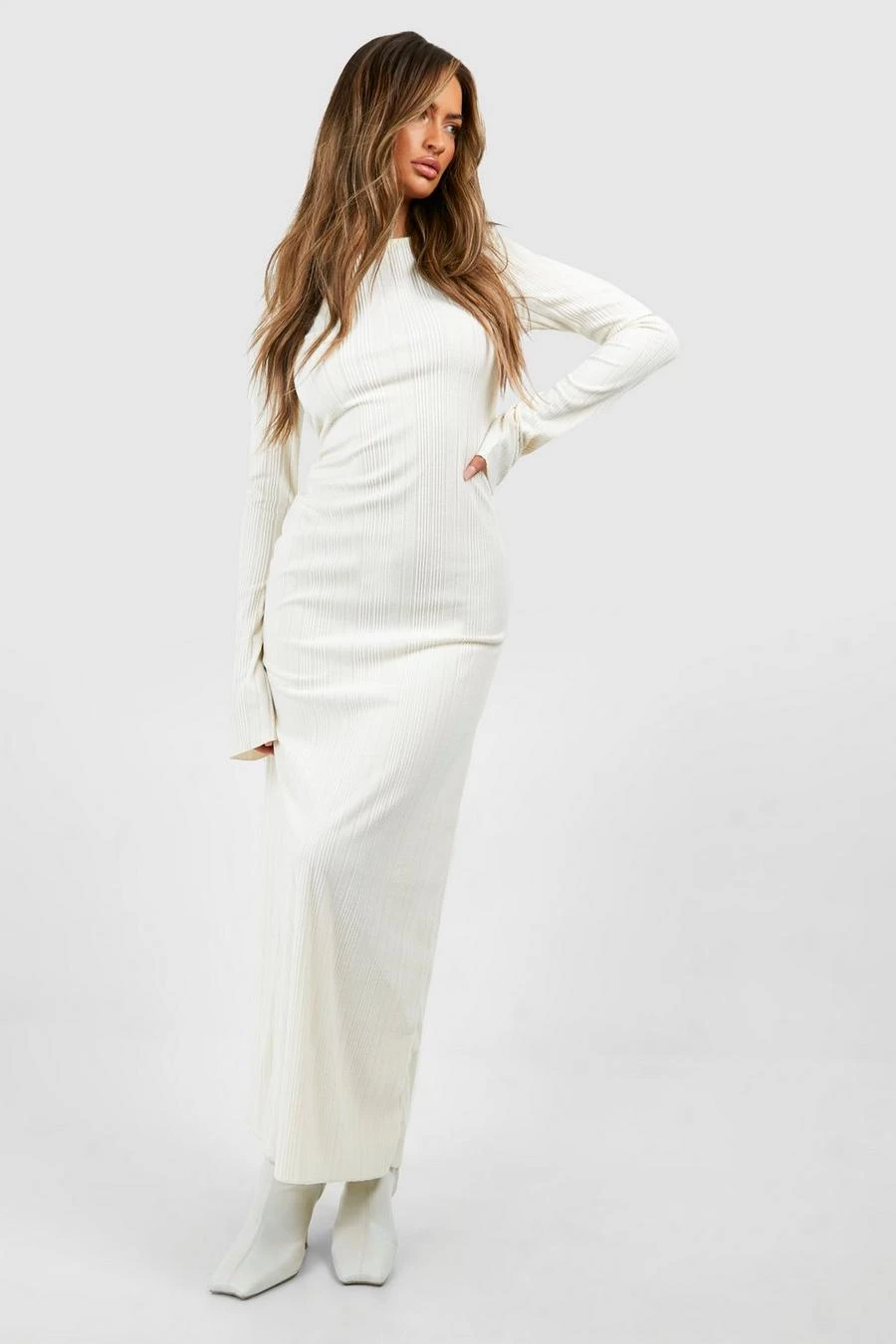 BOOHOO Long Sleeve Ribbed Flared Maxi Dress 1 BOOHOO Long Sleeve Ribbed Flared Maxi Dress