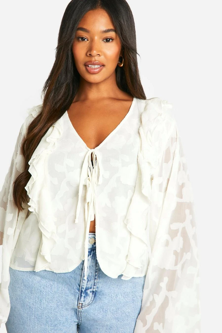 BOOHOO Plus Burnout Floral Tie Front Ruffle Blouse 4 BOOHOO Plus Burnout Floral Tie Front Ruffle Blouse - Image 4