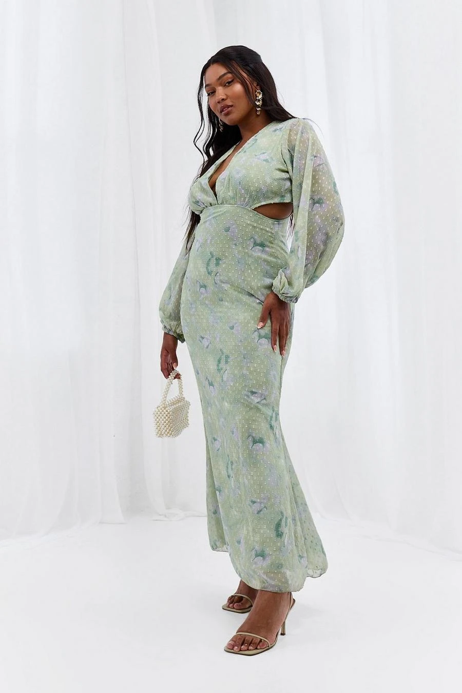 BOOHOO Plus Floral Print Dobby Mesh Cut Out Maxi Dress 1 BOOHOO Plus Floral Print Dobby Mesh Cut Out Maxi Dress