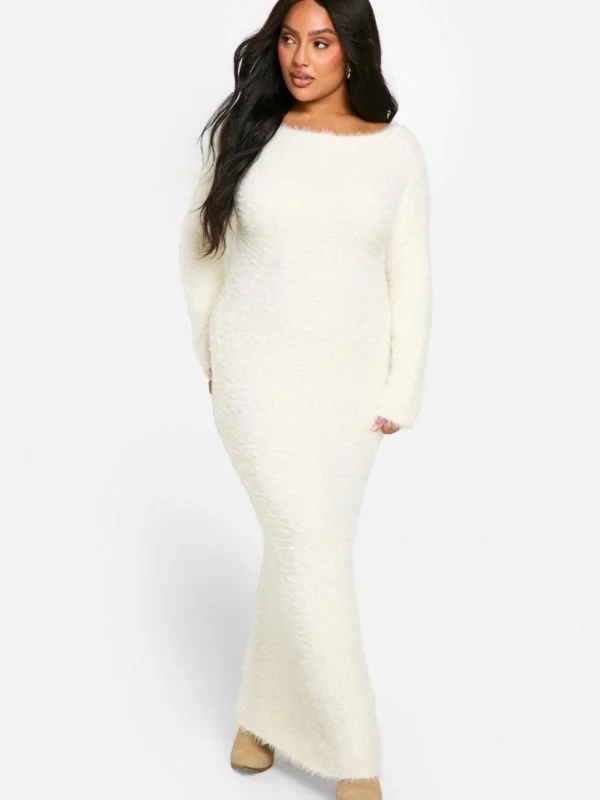 Outlet -BamBam Fashion Shop female cream plus knitted long sleeve maxi dress 2