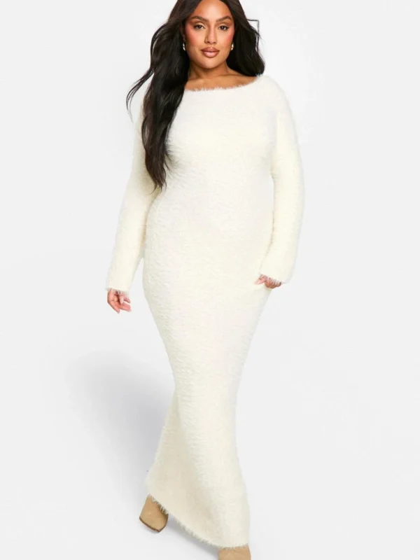 Outlet -BamBam Fashion Shop female cream plus knitted long sleeve maxi dress