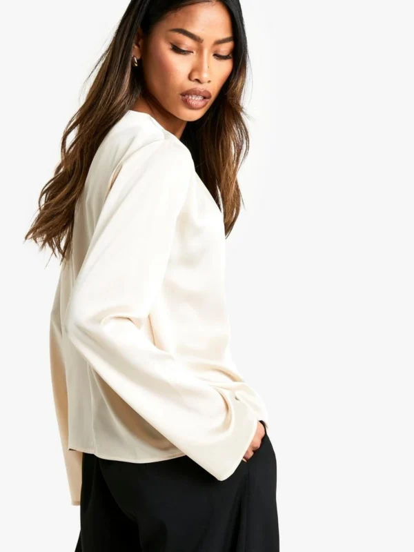 BamBam Fashion Shop -BamBam Fashion Shop female cream satin drape detail long sleeve blouse 1
