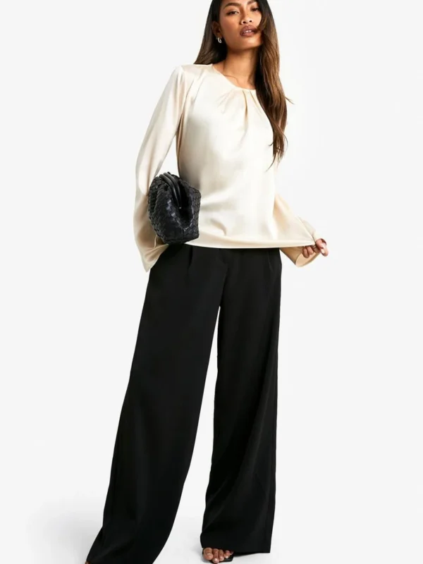 BamBam Fashion Shop -BamBam Fashion Shop female cream satin drape detail long sleeve blouse 2