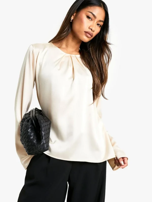 BamBam Fashion Shop -BamBam Fashion Shop female cream satin drape detail long sleeve blouse