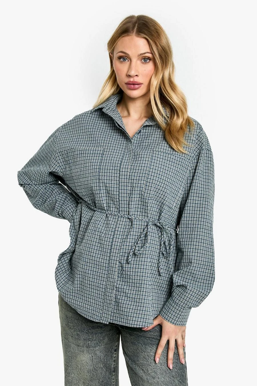 BOOHOO Maternity Oversized Fine Check Shirt 1 BOOHOO Maternity Oversized Fine Check Shirt