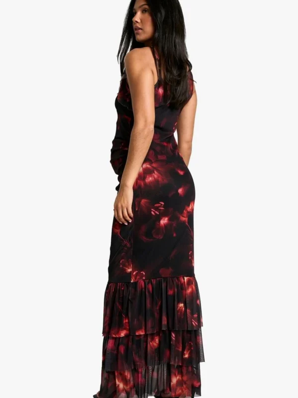 Outlet -BamBam Fashion Shop female dark2520red maternity floral print mesh ruffle hem detail strappy maxi dress 1 1