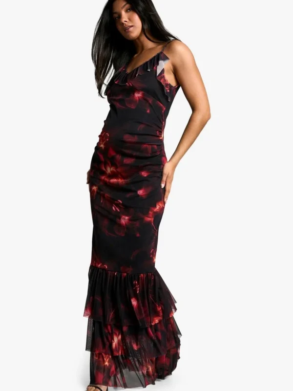 Outlet -BamBam Fashion Shop female dark2520red maternity floral print mesh ruffle hem detail strappy maxi dress 1 2