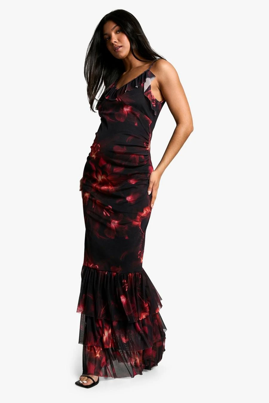 BOOHOO Maternity Floral Print Mesh Ruffle Hem Detail Strappy Maxi Dress 3 BOOHOO Maternity Floral Print Mesh Ruffle Hem Detail Strappy Maxi Dress - Image 3