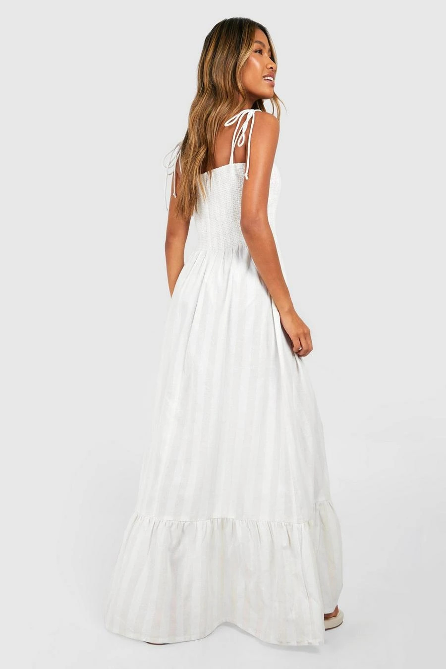 BOOHOO Linen Look Shirred Stripe Bandeau Maxi Dress 2 BOOHOO Linen Look Shirred Stripe Bandeau Maxi Dress - Image 2