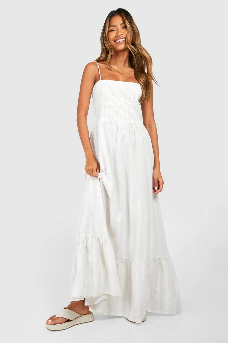 BOOHOO Linen Look Shirred Stripe Bandeau Maxi Dress 1 BOOHOO Linen Look Shirred Stripe Bandeau Maxi Dress