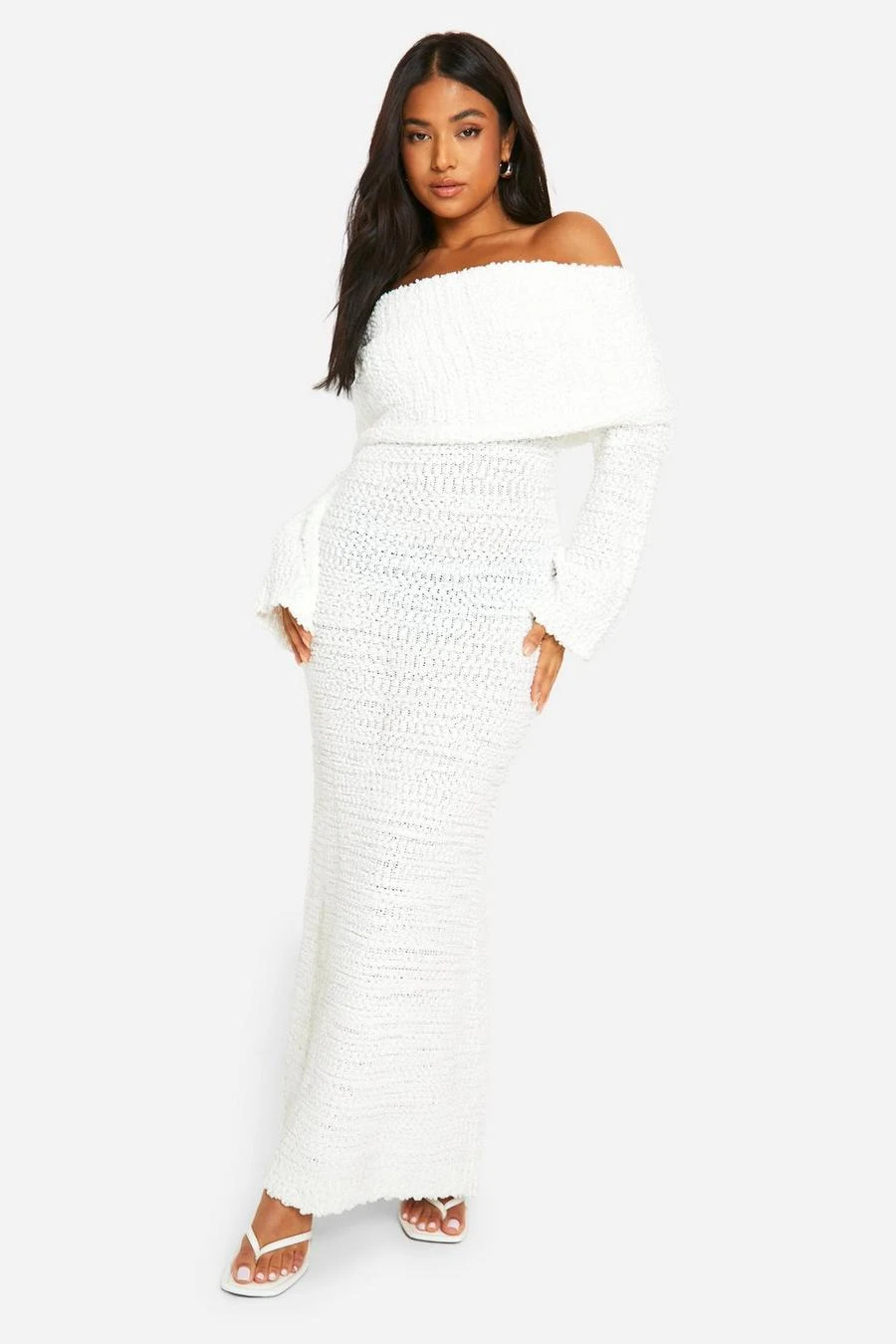 BOOHOO Petite Boucle Extreme Foldover Bardot Knitted Maxi Dress 3 BOOHOO Petite Boucle Extreme Foldover Bardot Knitted Maxi Dress - Image 3