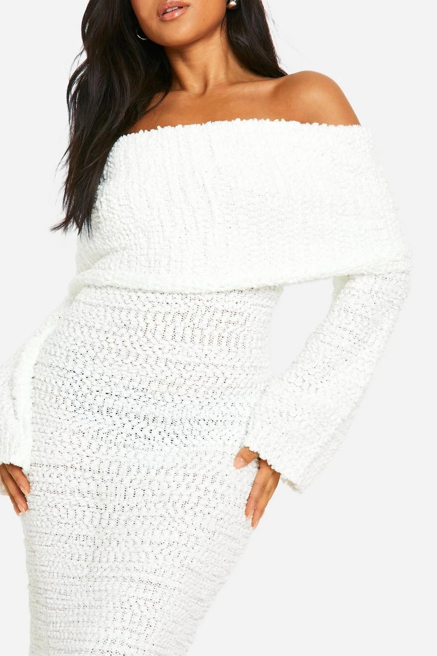 BOOHOO Petite Boucle Extreme Foldover Bardot Knitted Maxi Dress 4 BOOHOO Petite Boucle Extreme Foldover Bardot Knitted Maxi Dress - Image 4