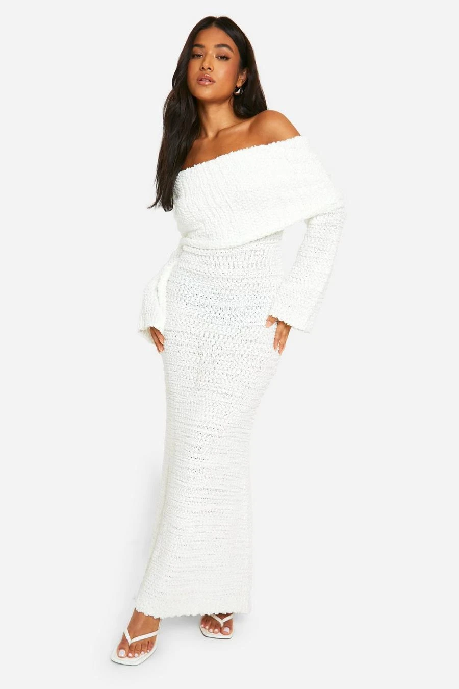 BOOHOO Petite Boucle Extreme Foldover Bardot Knitted Maxi Dress 1 BOOHOO Petite Boucle Extreme Foldover Bardot Knitted Maxi Dress
