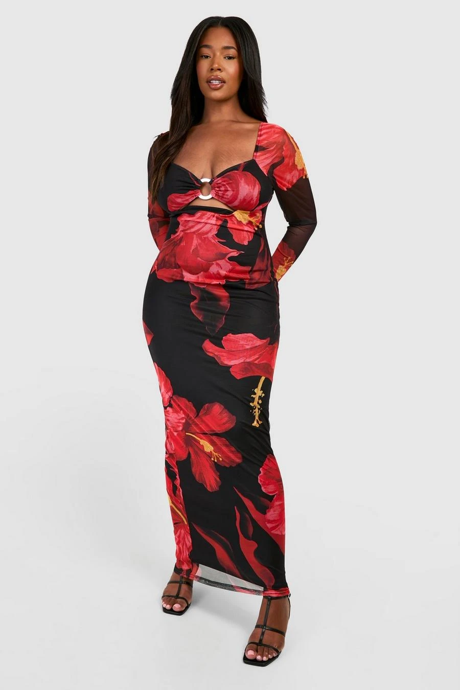 BOOHOO Plus Floral Print Ring Detail Maxi Dress 1 BOOHOO Plus Floral Print Ring Detail Maxi Dress