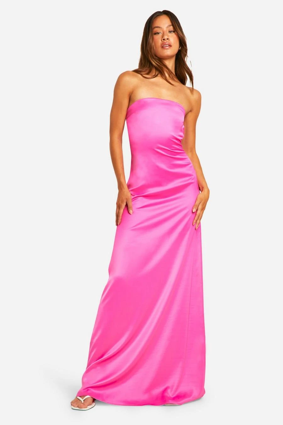 BOOHOO Tall Heavy Satin Bandeau Cowl Back Maxi Dress 1 BOOHOO Tall Heavy Satin Bandeau Cowl Back Maxi Dress