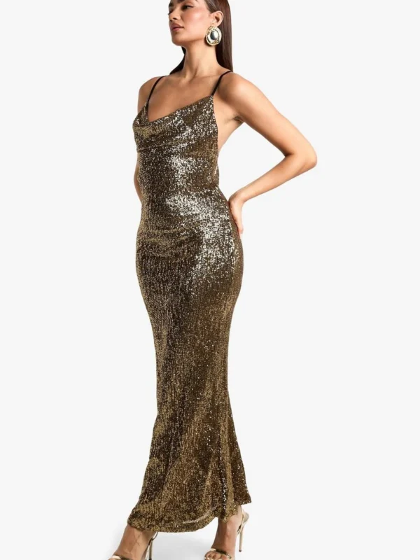 Outlet 12 Outlet -BamBam Fashion Shop female gold cowl neck sequin maxi dress 2