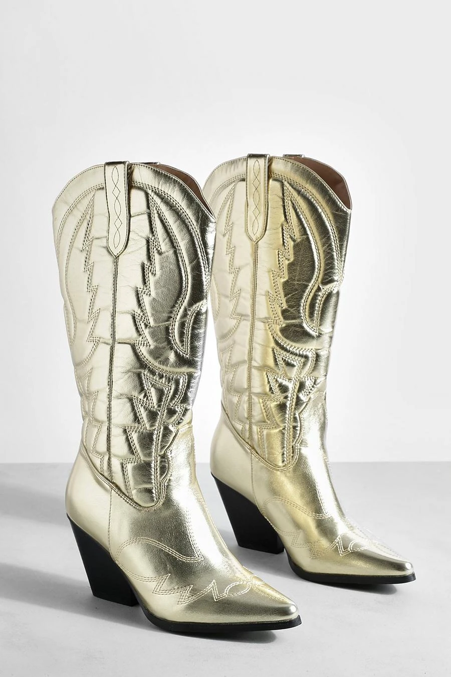 BOOHOO Metallic Knee High Western Cowboy Boots 2 BOOHOO Metallic Knee High Western Cowboy Boots - Image 2