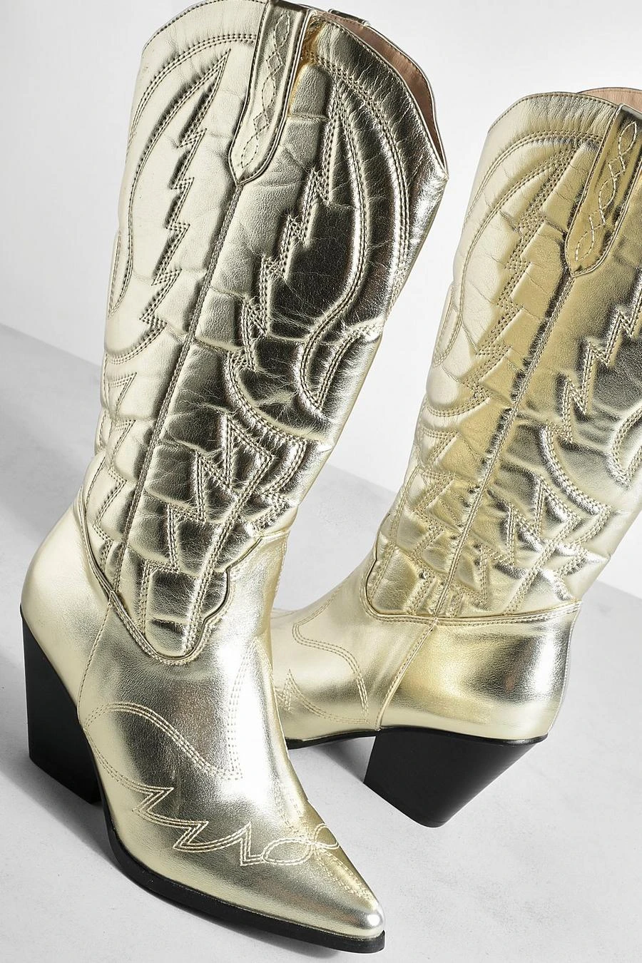 BOOHOO Metallic Knee High Western Cowboy Boots 4 BOOHOO Metallic Knee High Western Cowboy Boots - Image 4