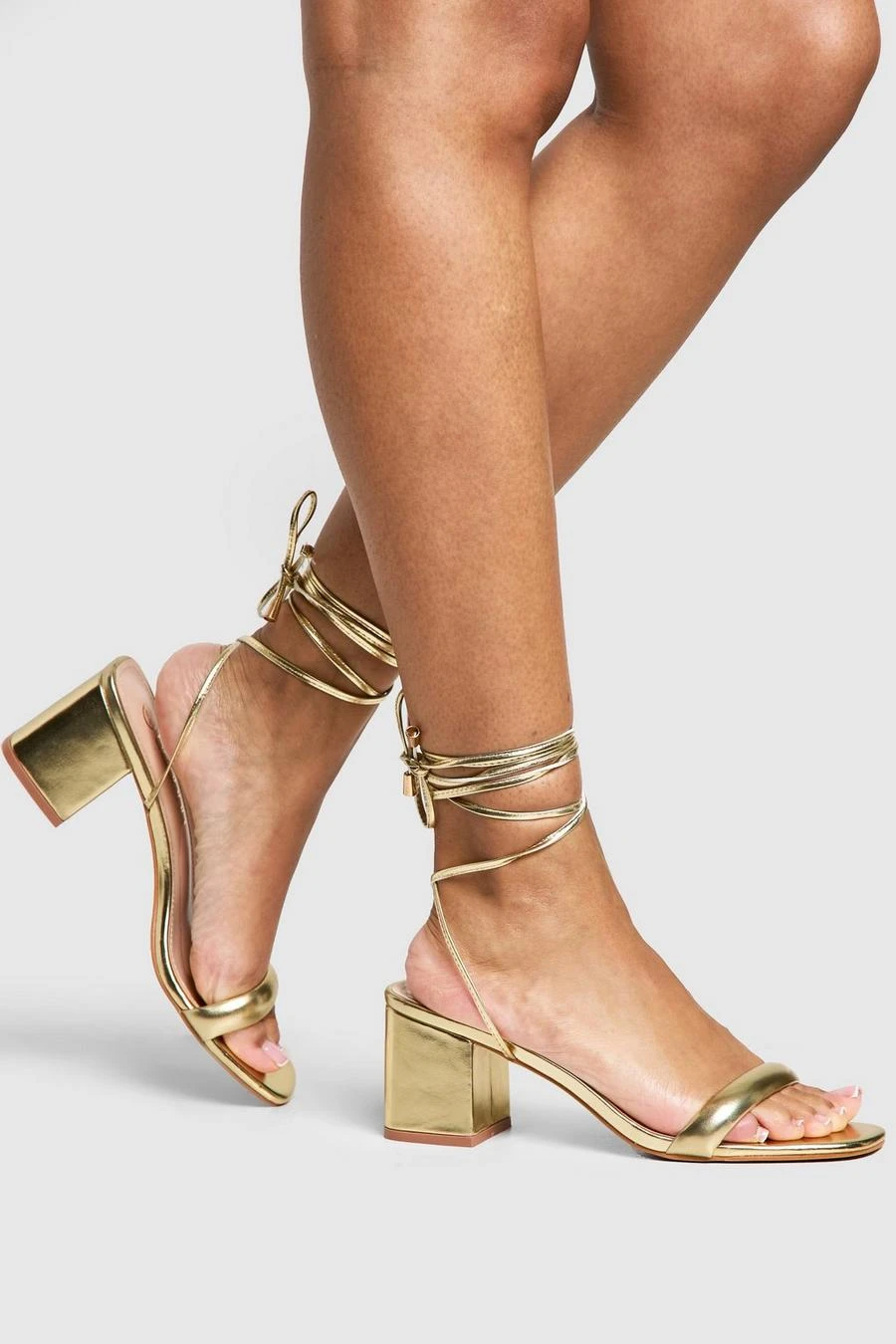 BOOHOO Metallic Low Block Wrap Up Heels 1 BOOHOO Metallic Low Block Wrap Up Heels