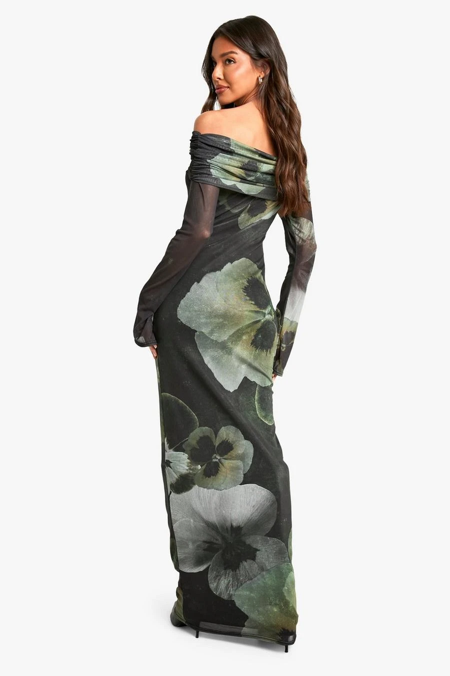BOOHOO Floral Bardot Mesh Maxi Dress 2 BOOHOO Floral Bardot Mesh Maxi Dress - Image 2