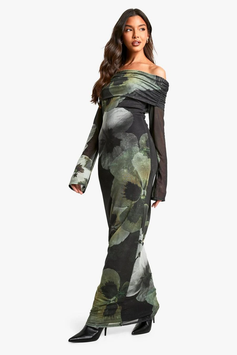 BOOHOO Floral Bardot Mesh Maxi Dress 3 BOOHOO Floral Bardot Mesh Maxi Dress - Image 3