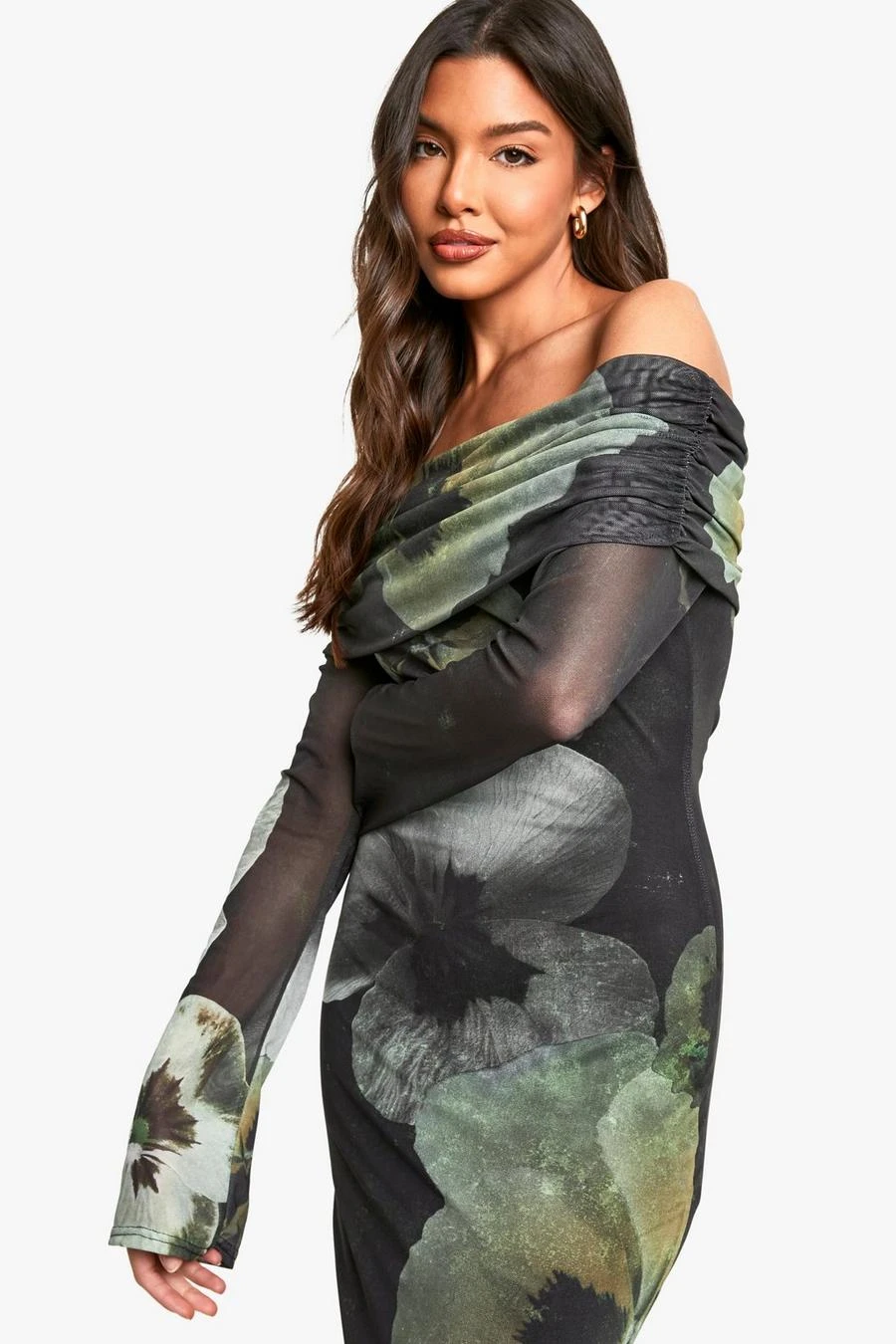 BOOHOO Floral Bardot Mesh Maxi Dress 4 BOOHOO Floral Bardot Mesh Maxi Dress - Image 4