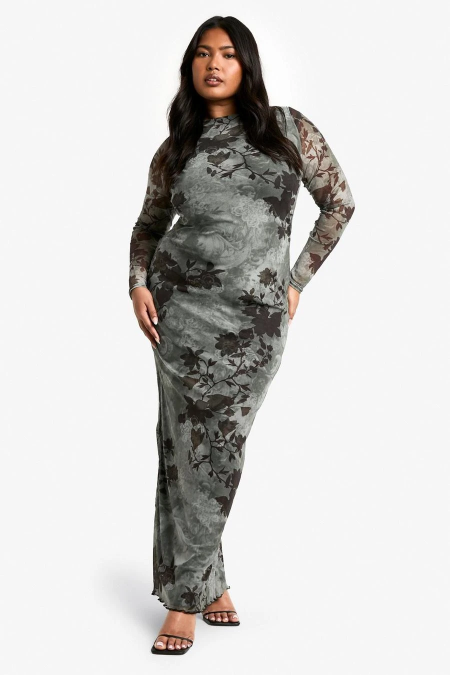 BOOHOO Plus Blue Floral Mesh Low Back Maxi Dress 1 BOOHOO Plus Blue Floral Mesh Low Back Maxi Dress