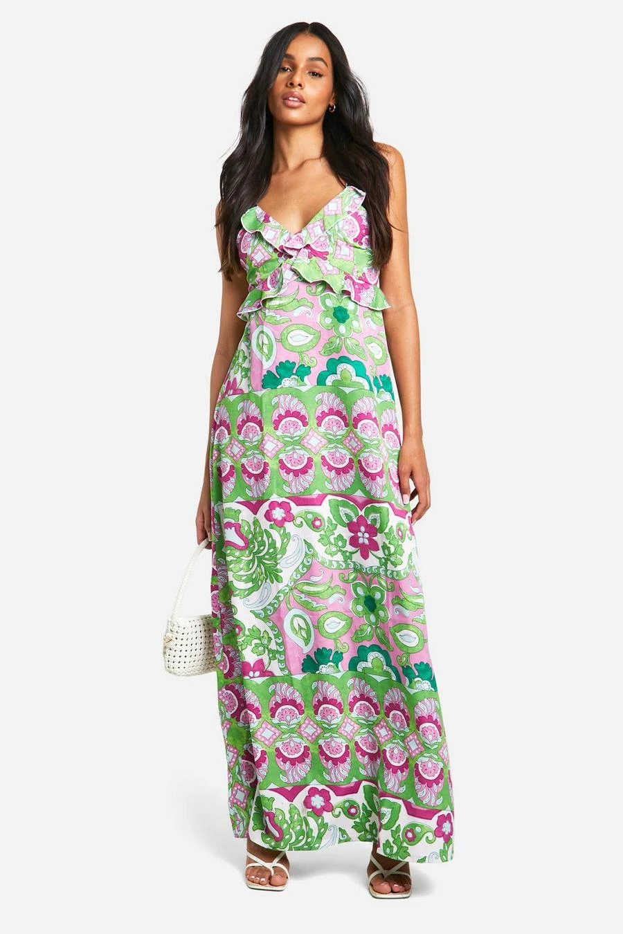 BOOHOO Tall Abstract Strappy Ruffle Detail Maxi Dress 3 BOOHOO Tall Abstract Strappy Ruffle Detail Maxi Dress - Image 3
