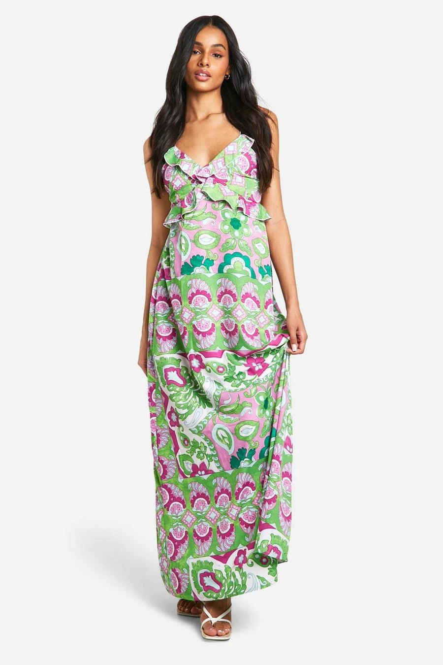 BOOHOO Tall Abstract Strappy Ruffle Detail Maxi Dress 1 BOOHOO Tall Abstract Strappy Ruffle Detail Maxi Dress