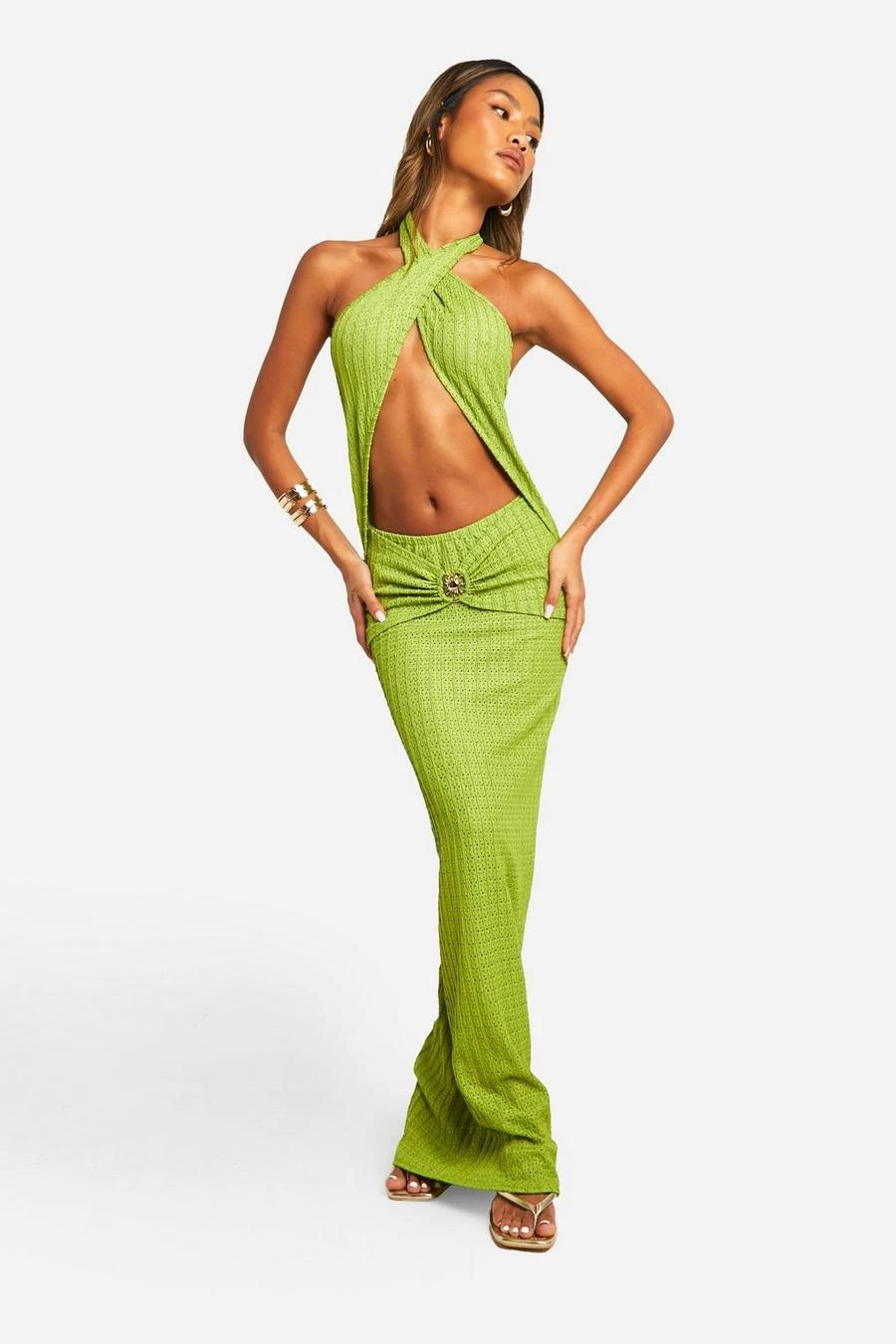 BOOHOO Textured Halterneck Cut Out Trim Maxi Dress 3 BOOHOO Textured Halterneck Cut Out Trim Maxi Dress - Image 3