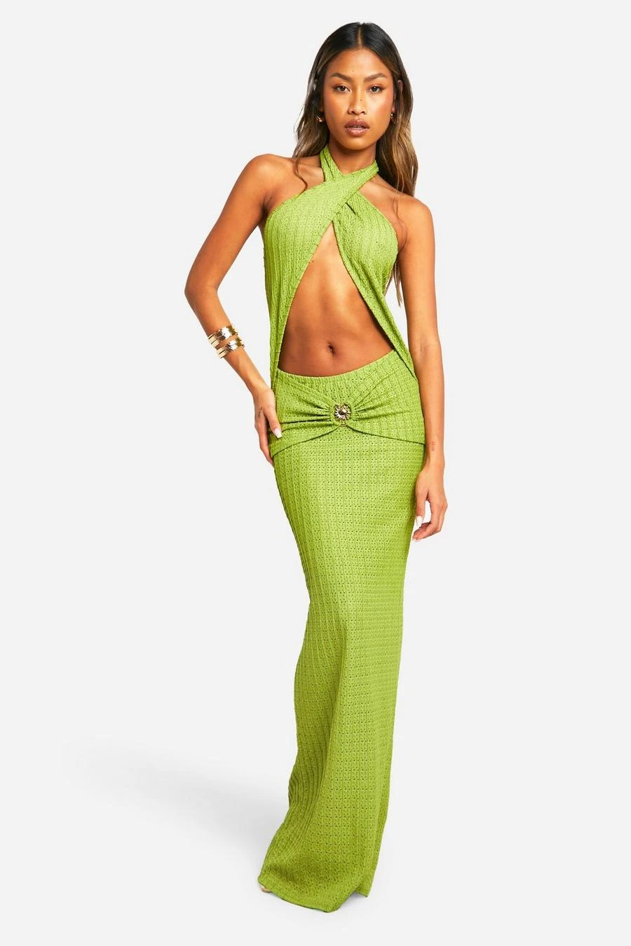 BOOHOO Textured Halterneck Cut Out Trim Maxi Dress 1 BOOHOO Textured Halterneck Cut Out Trim Maxi Dress