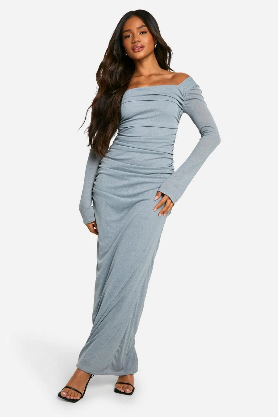 BOOHOO Sheer Off The Shoulder Ruched Maxi Dress 1 BOOHOO Sheer Off The Shoulder Ruched Maxi Dress